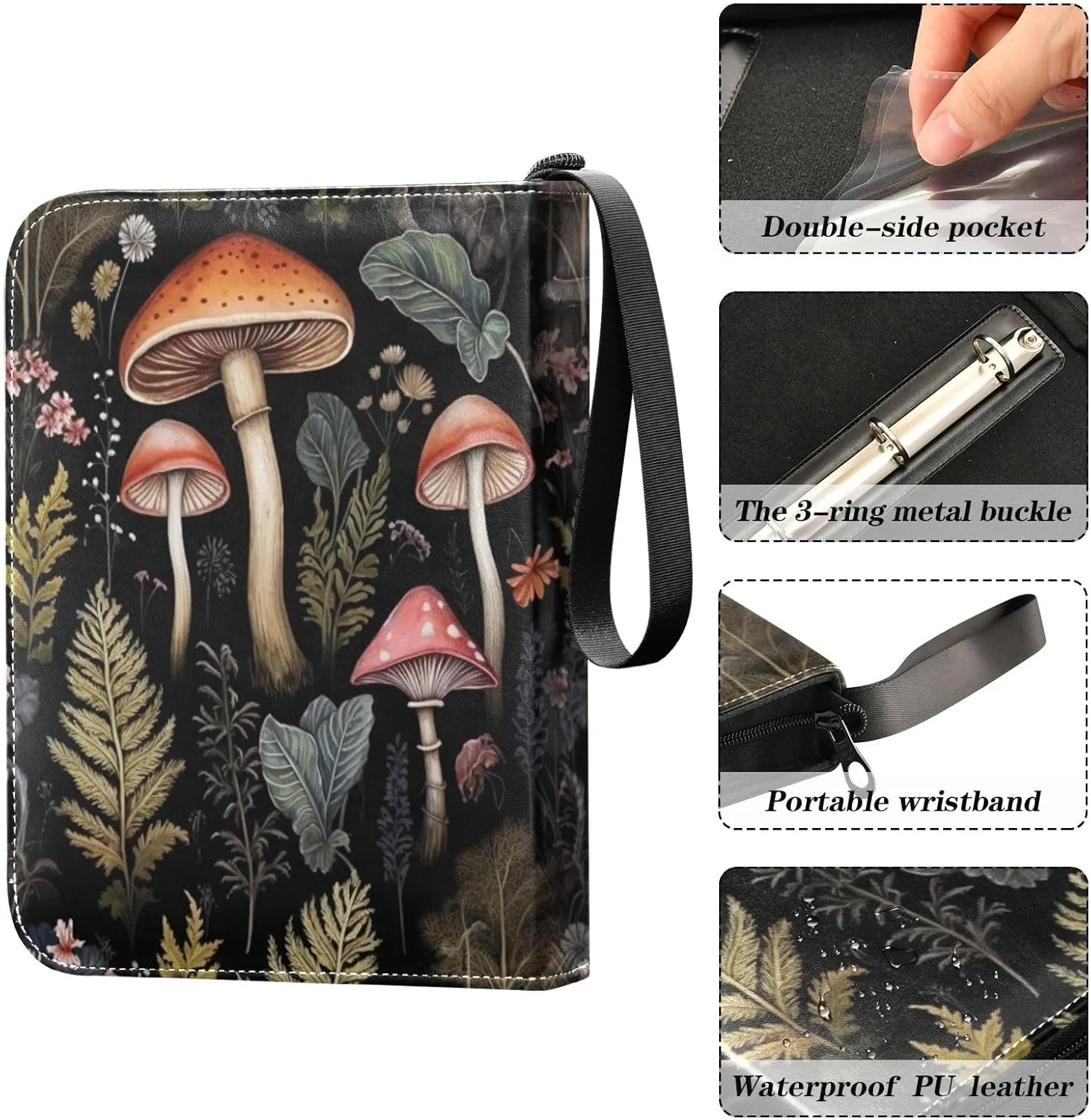 Forest Mushroom Card Binder 4 Pocket Trading Card Album Fits 400 Sports/Game Cards, PU Cover 3 Ring Card Collection with 50 Removable Sleeves