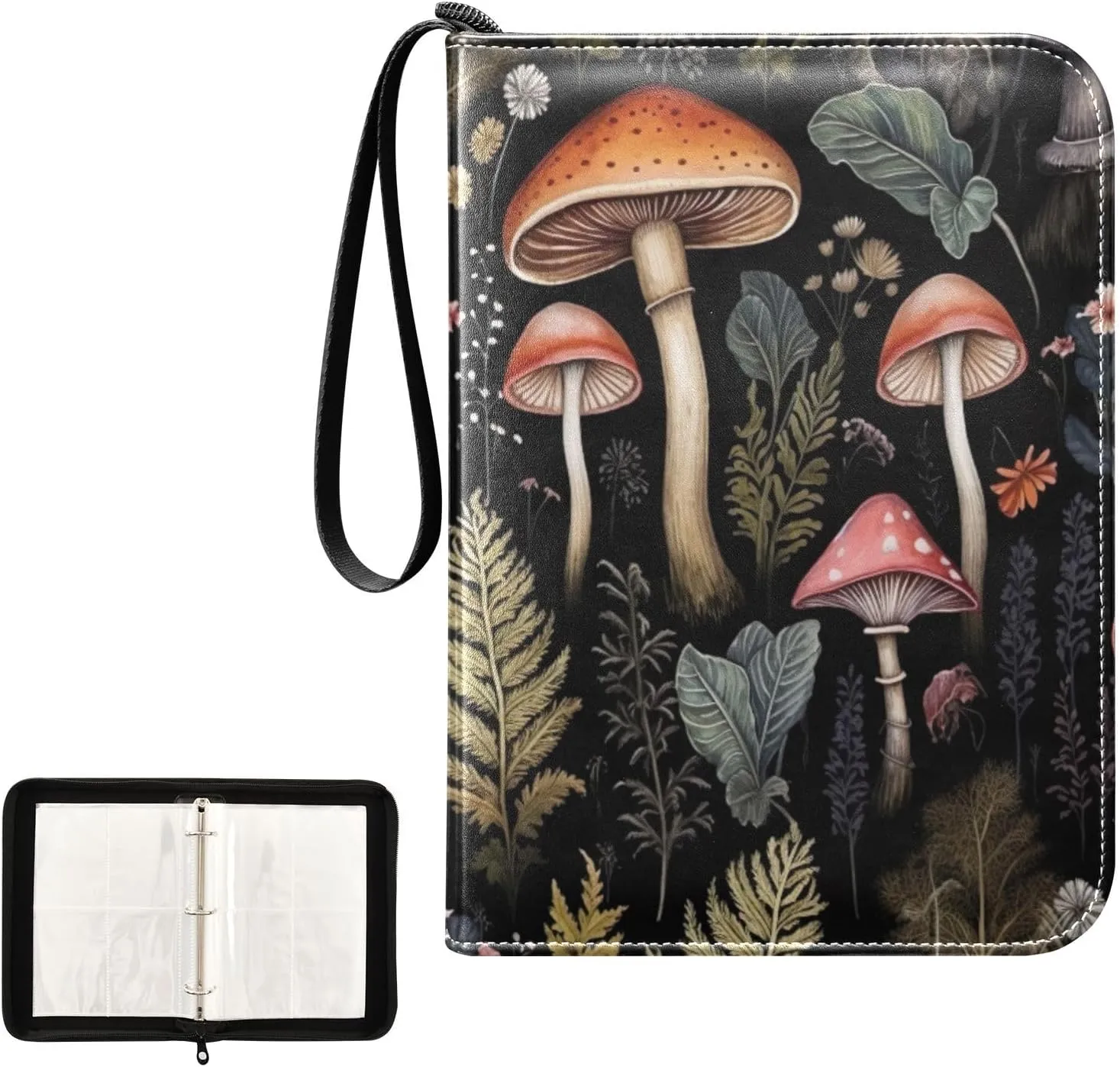 Forest Mushroom Card Binder 4 Pocket Trading Card Album Fits 400 Sports/Game Cards, PU Cover 3 Ring Card Collection with 50 Removable Sleeves