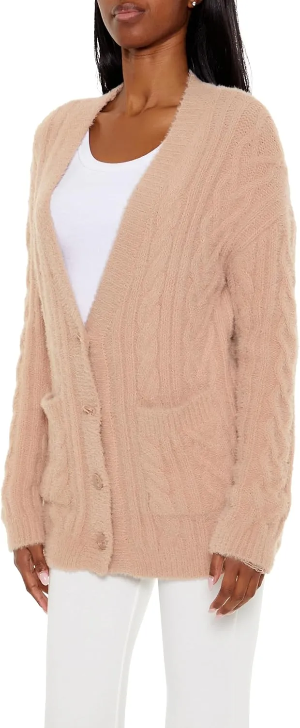 Forever 21 Women's Fuzzy Cable Knit Cardigan Sweater