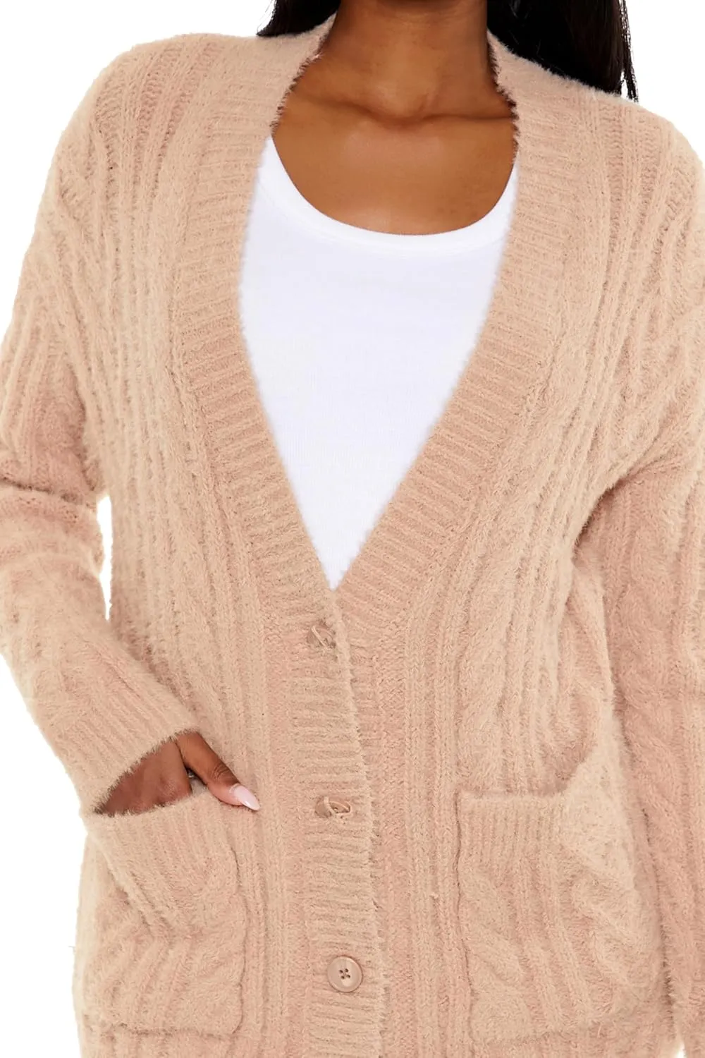Forever 21 Women's Fuzzy Cable Knit Cardigan Sweater