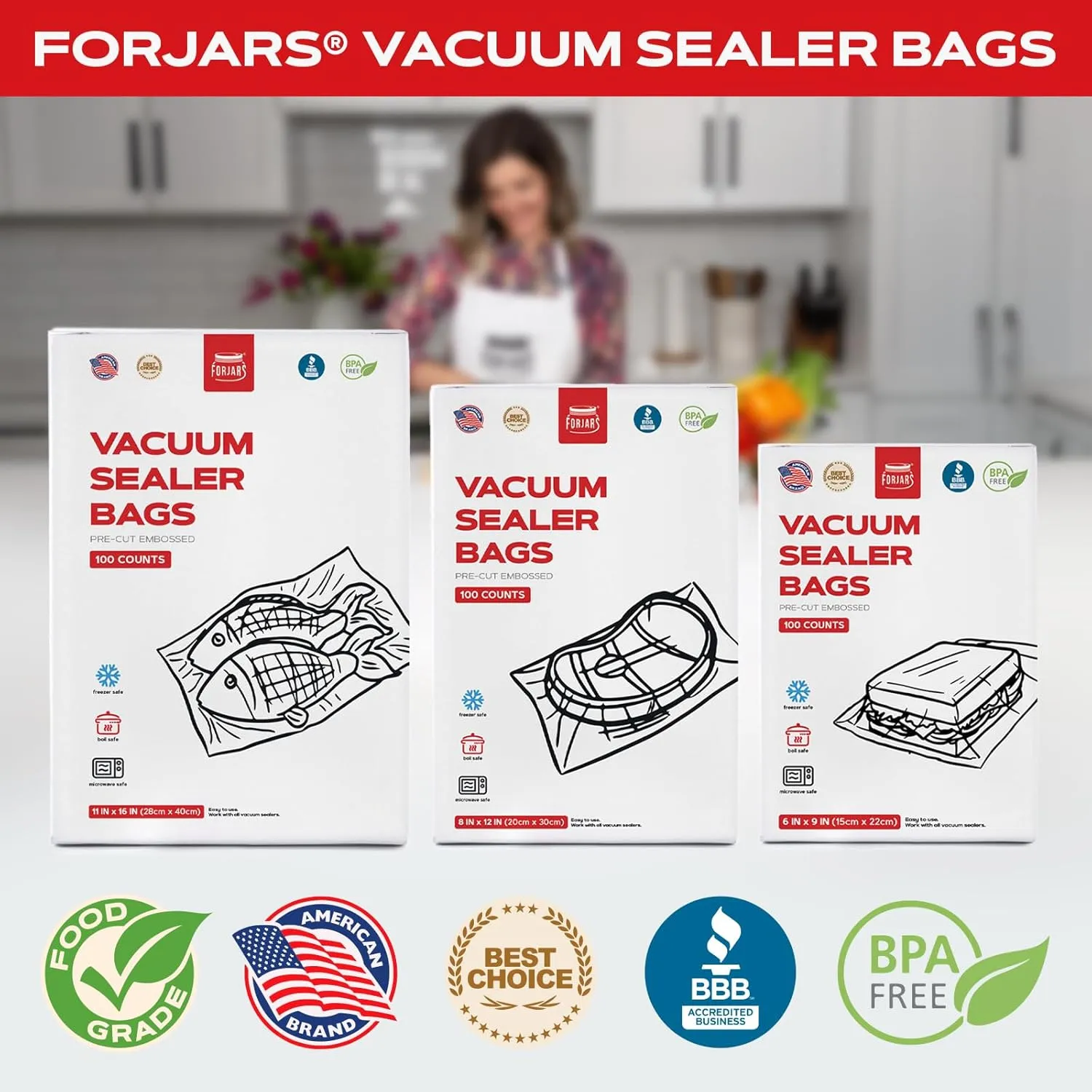 ForJars Vacuum Sealer Bags For Food Storage - Method Sous Vide Cooking - Pack of 100 count Pre-Cut Size Bags, Perfect for Food Storage and Cooking - Ideal for Home and Commercial Use (8x12 (100pcs))
