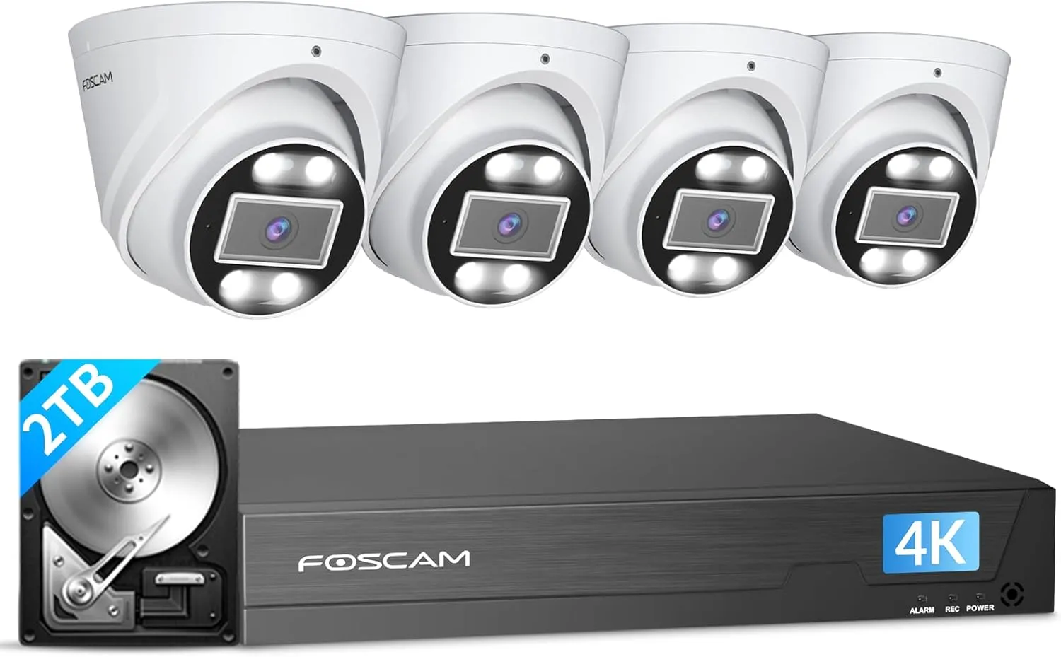 FOSCAM 4K 8MP NVR PoE Security Camera System 8 Channel NVR 4pcs Wired Outdoors IP PoE 8MP Security Cameras, 2TB HDD, Color Night Vision, 2-Way Audio, AI Human Vehicle Detection, FNA108E-T4