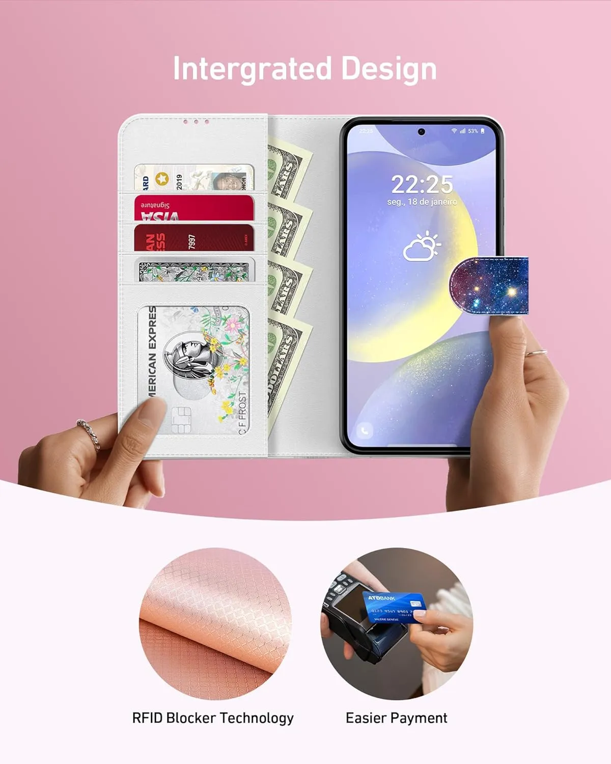 FUNMIKO for Samsung Galaxy S24 Case Wallet,Detachable Flip Folio Leather Cover,RFID Blocking 4 Card Slots Holder,Kickstand Function,Protective Phone Shell for Women Girls,The Vast Universe