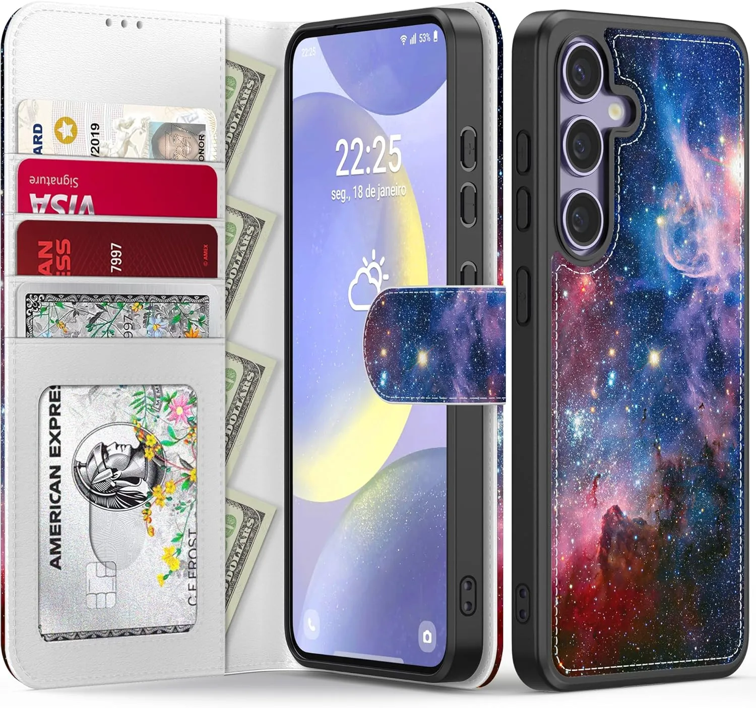 FUNMIKO for Samsung Galaxy S24 Case Wallet,Detachable Flip Folio Leather Cover,RFID Blocking 4 Card Slots Holder,Kickstand Function,Protective Phone Shell for Women Girls,The Vast Universe