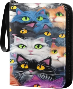 Funny Cats Colorful Card Binder 4 Pocket, PU Cover Zipper Card Collection Album, PU Cover Card Collection Binder for 400 Cards