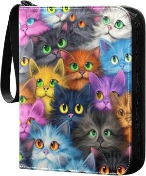 Funny Cats Colorful Card Binder 4 Pocket Trading Card Album Fits 400 Sports/Game Cards, PU Cover 3 Ring Card Collection with 50 Removable Sleeves