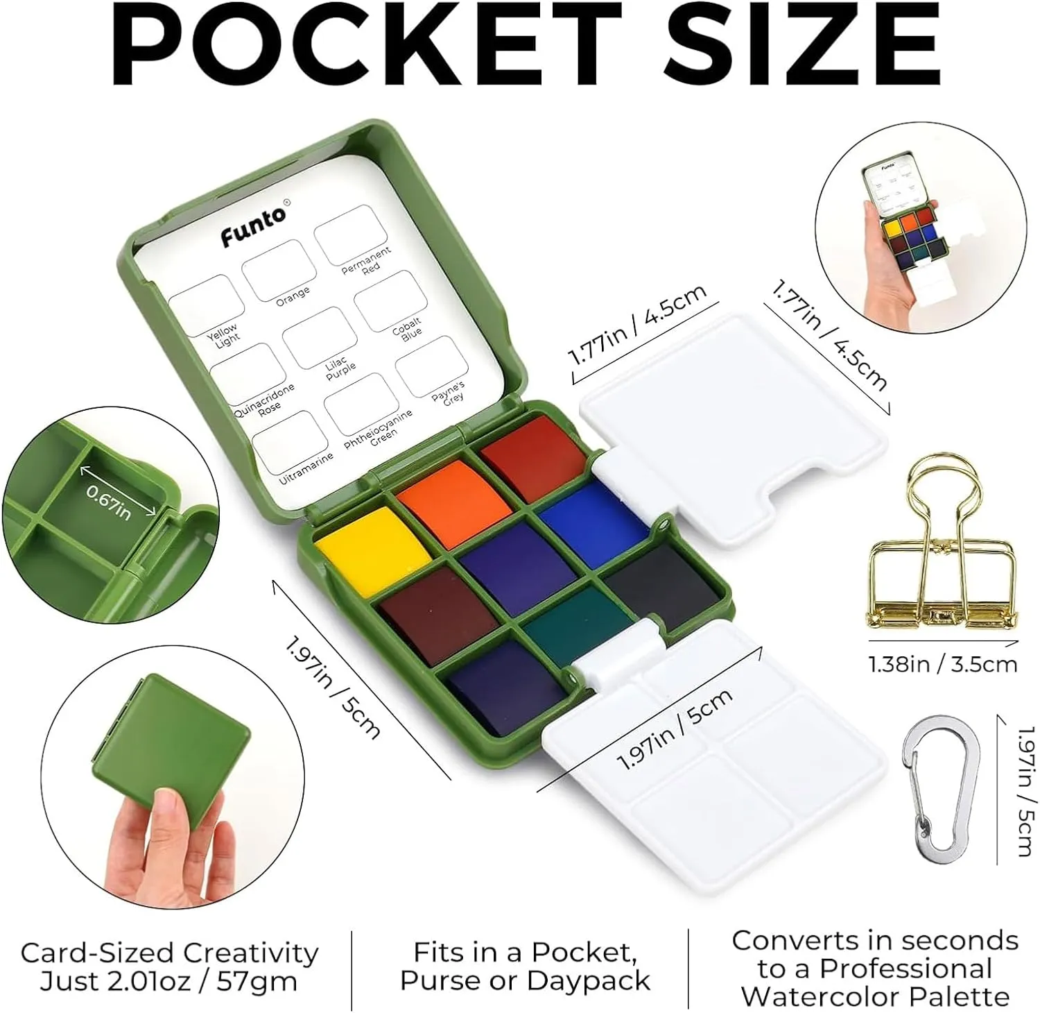 Funto Pocket Watercolor Set, Travel Artist Outdoor Sketch Kits with 2 Foldable Palettes, Portable Leather Case and Metal Clip, Kit for Art Lovers