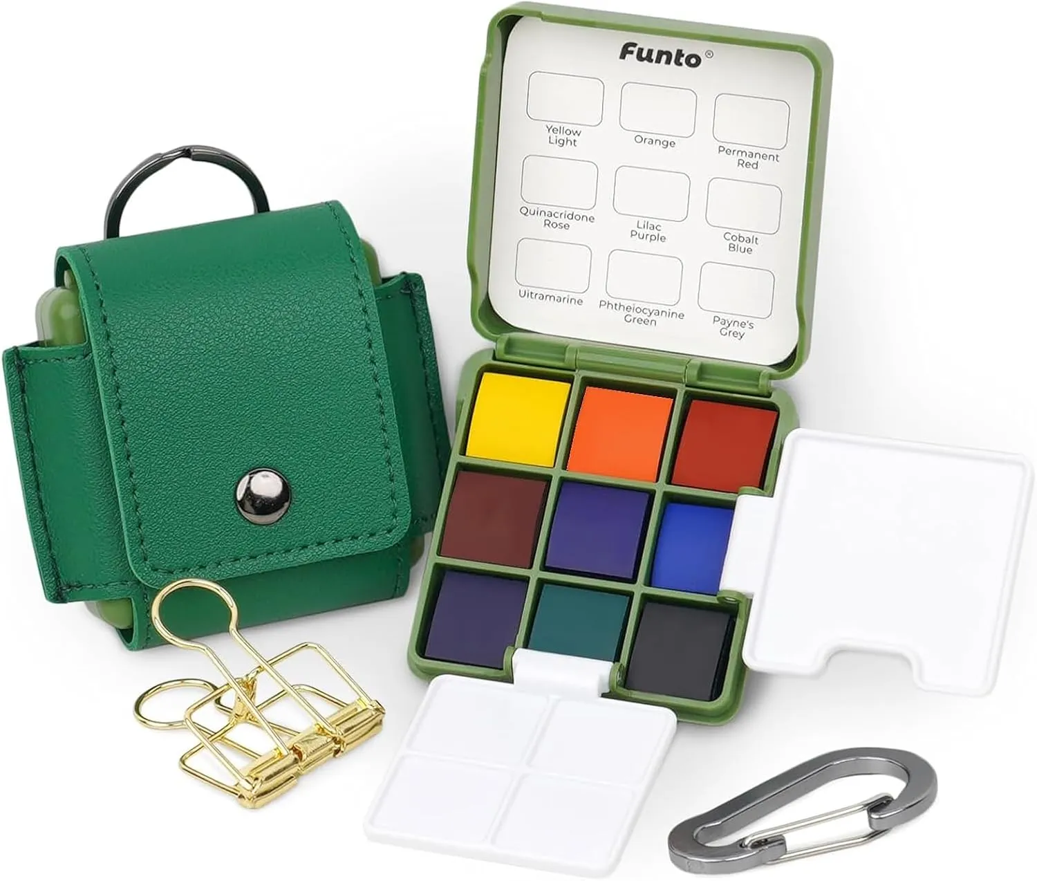 Funto Pocket Watercolor Set, Travel Artist Outdoor Sketch Kits with 2 Foldable Palettes, Portable Leather Case and Metal Clip, Kit for Art Lovers
