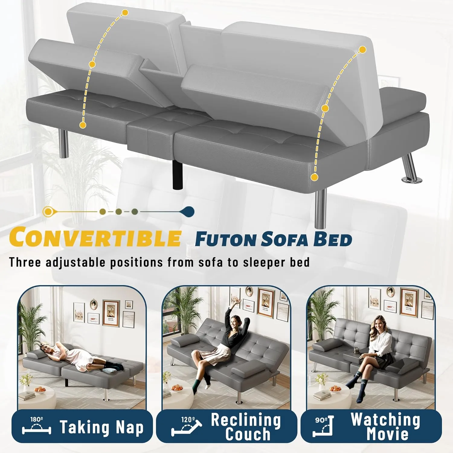 Furmax Futon Sofa Bed Adjustable Futon Couch Sleeper Sofa Bed for Living Room, Business Office, Recliner Sofa with Cup Holders (PU Leather, Gray)