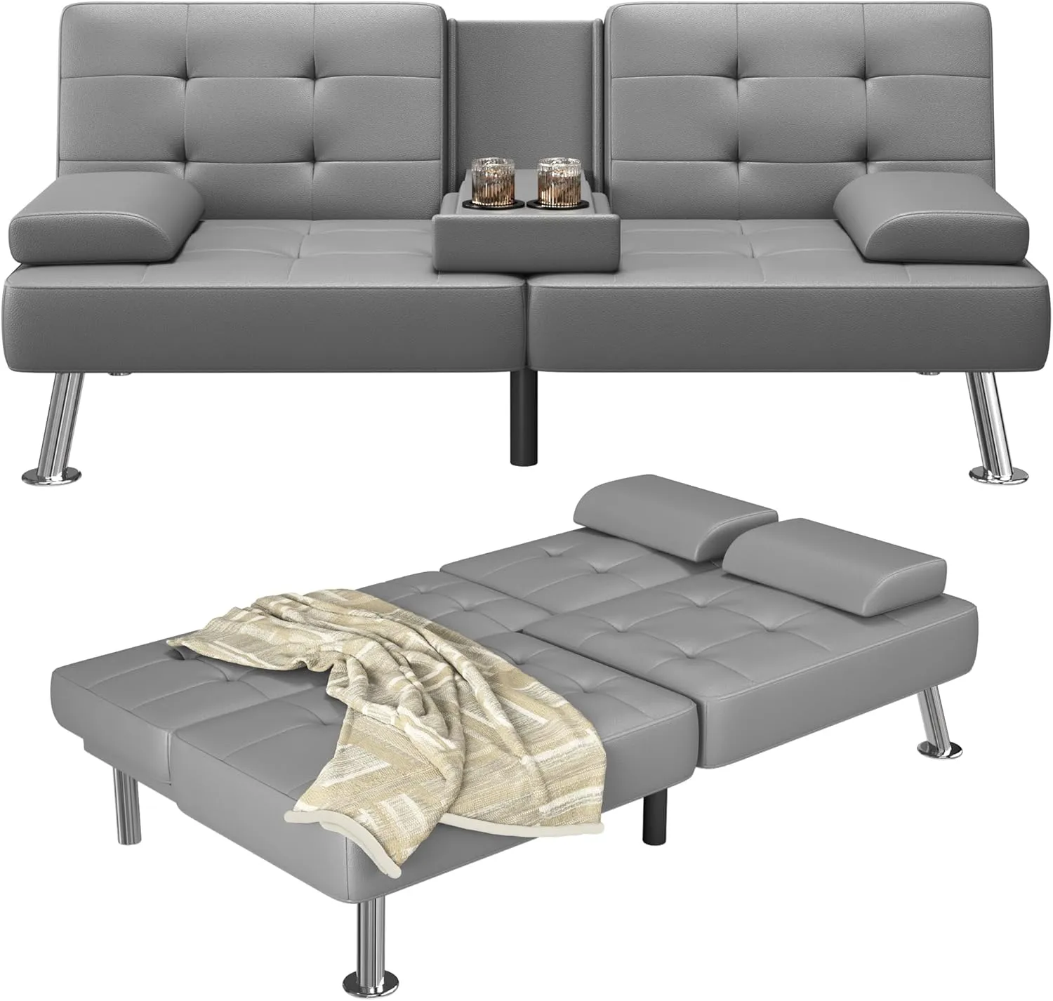 Furmax Futon Sofa Bed Adjustable Futon Couch Sleeper Sofa Bed for Living Room, Business Office, Recliner Sofa with Cup Holders (PU Leather, Gray)