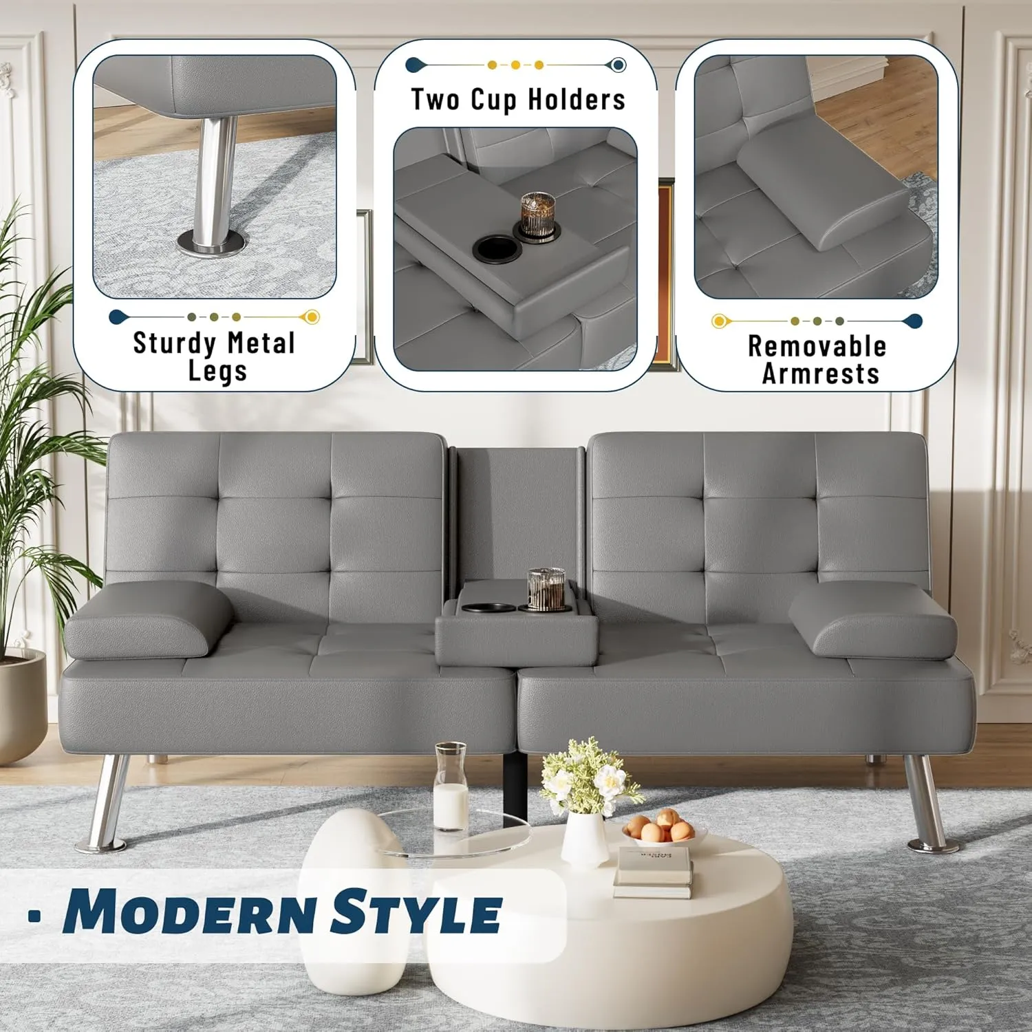 Furmax Futon Sofa Bed Adjustable Futon Couch Sleeper Sofa Bed for Living Room, Business Office, Recliner Sofa with Cup Holders (PU Leather, Gray)