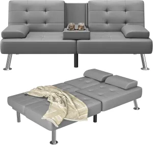 Furmax Futon Sofa Bed Adjustable Futon Couch Sleeper Sofa Bed for Living Room, Business Office, Recliner Sofa with Cup Holders (PU Leather, Gray)