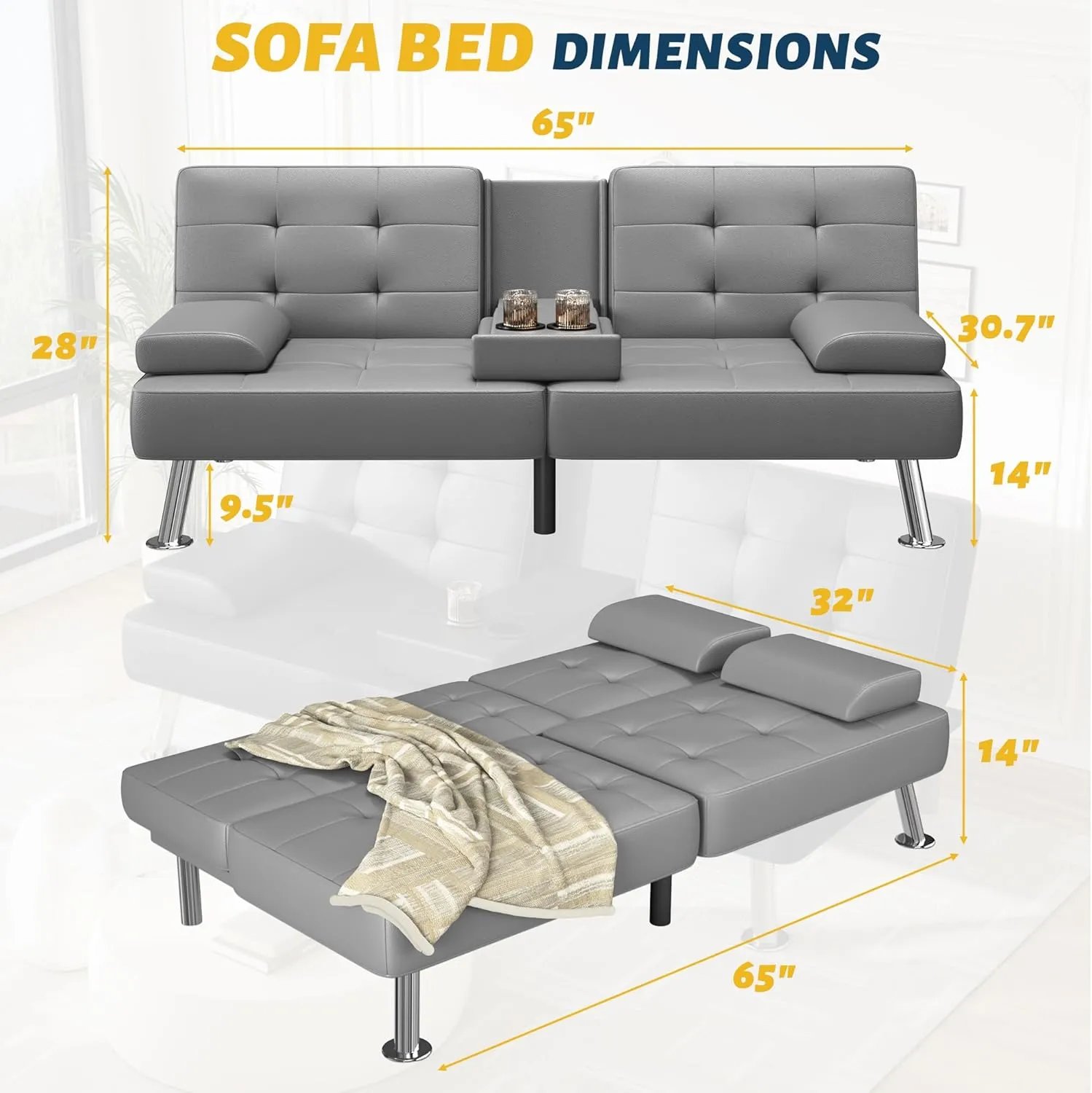 Furmax Futon Sofa Bed Adjustable Futon Couch Sleeper Sofa Bed for Living Room, Business Office, Recliner Sofa with Cup Holders (PU Leather, Gray)