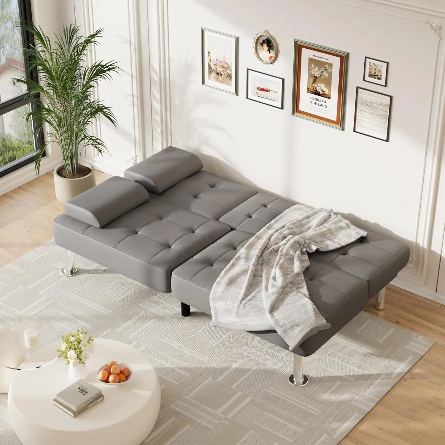 Furmax Futon Sofa Bed Adjustable Futon Couch Sleeper Sofa Bed for Living Room, Business Office, Recliner Sofa with Cup Holders (PU Leather, Gray)