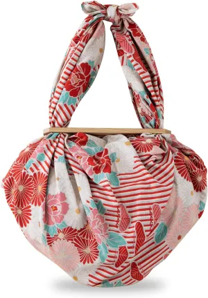 Furoshiki Wrapping Cloth Bag and Handle Set (Retro Flower Red / 39.4 inch) Handbag Japanese Tote Bag Reusable Folding Bag with Pockets/Made in Japan 100% Cotton Japanese Kimono Desigh