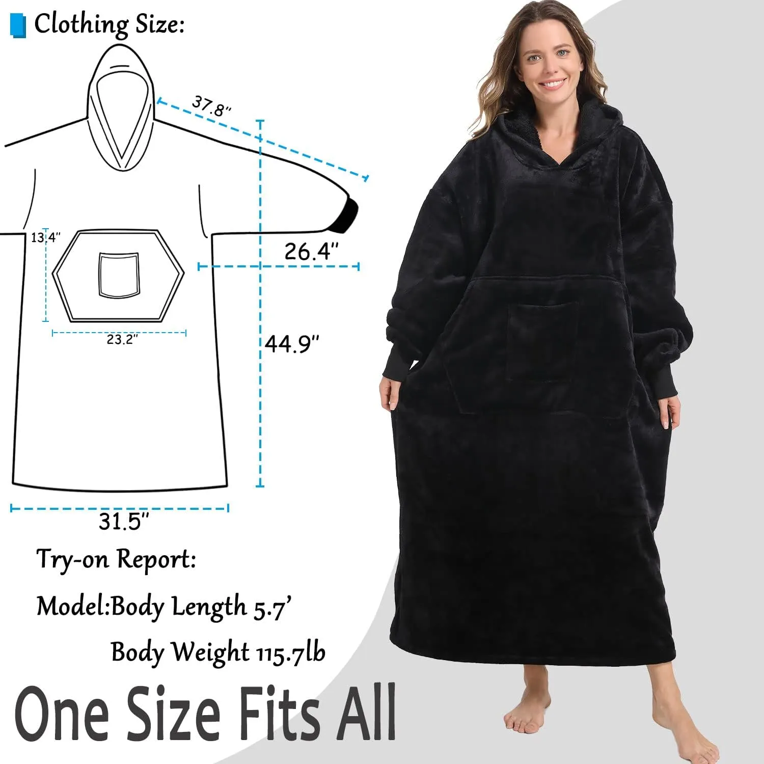 FUSSEDA Oversized Wearable Blanket Sweatshirt, Thick Warm Fleece Cozy Sherpa Hooded with Pockets and Sleeves Gift for Adult