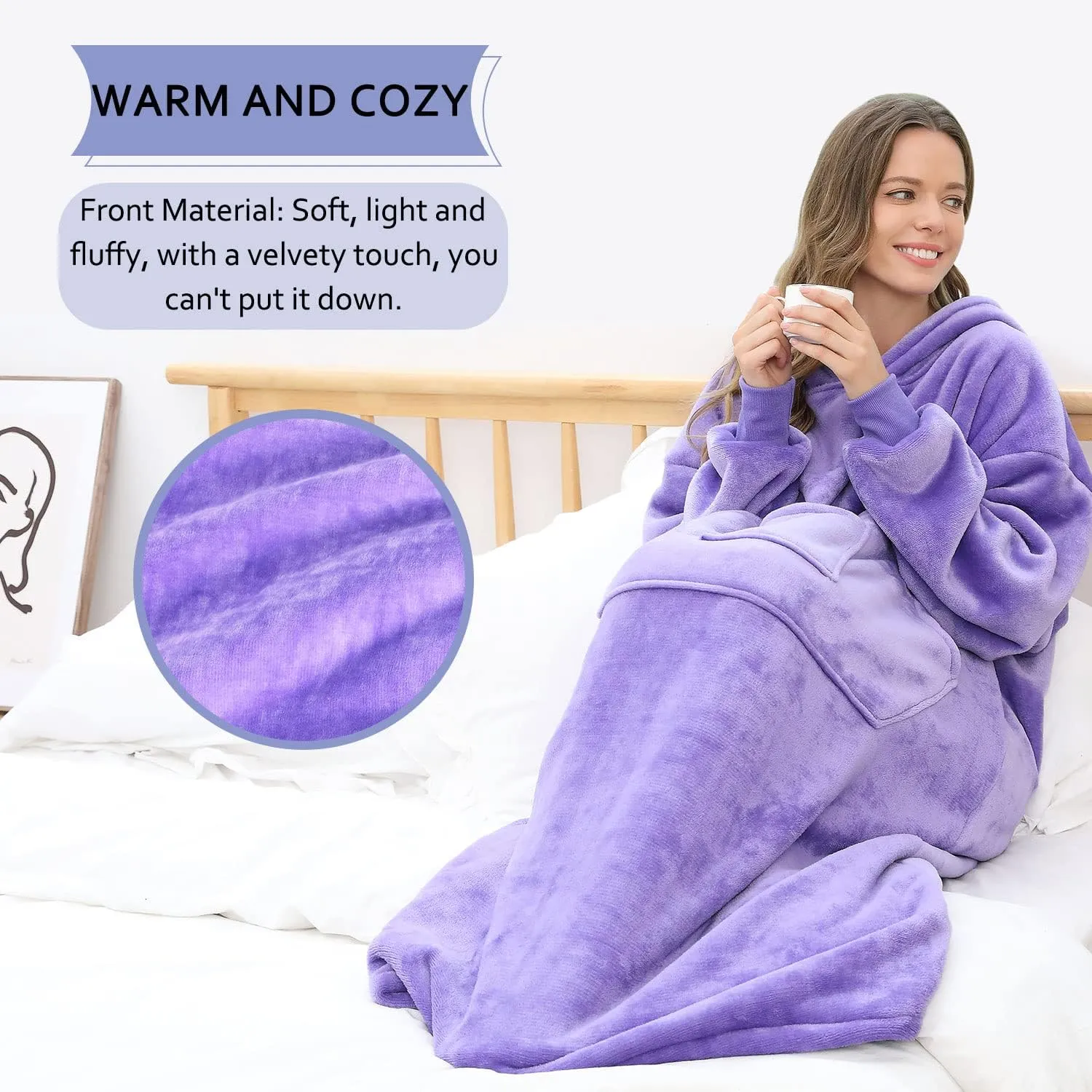 FUSSEDA Oversized Wearable Blanket Sweatshirt, Thick Warm Fleece Cozy Sherpa Hooded with Pockets and Sleeves Gift for Adult