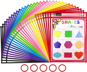 Gamenote Dry Erase Pockets 30 Pack with Rings, 10x13 Oversized Reusable Plastic Sleeves Shop Ticket Holders Sheet Protectors Teacher Supplies for Classroom Organization (Colorful)