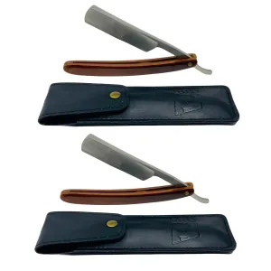 G.B.S Men's Wooden Handle Shaving Straight Razor, Single Edge Stainless-steel Blade Folding Handle, Hard Wood Grain, Leather Protective Razor Case (Pack of 2)