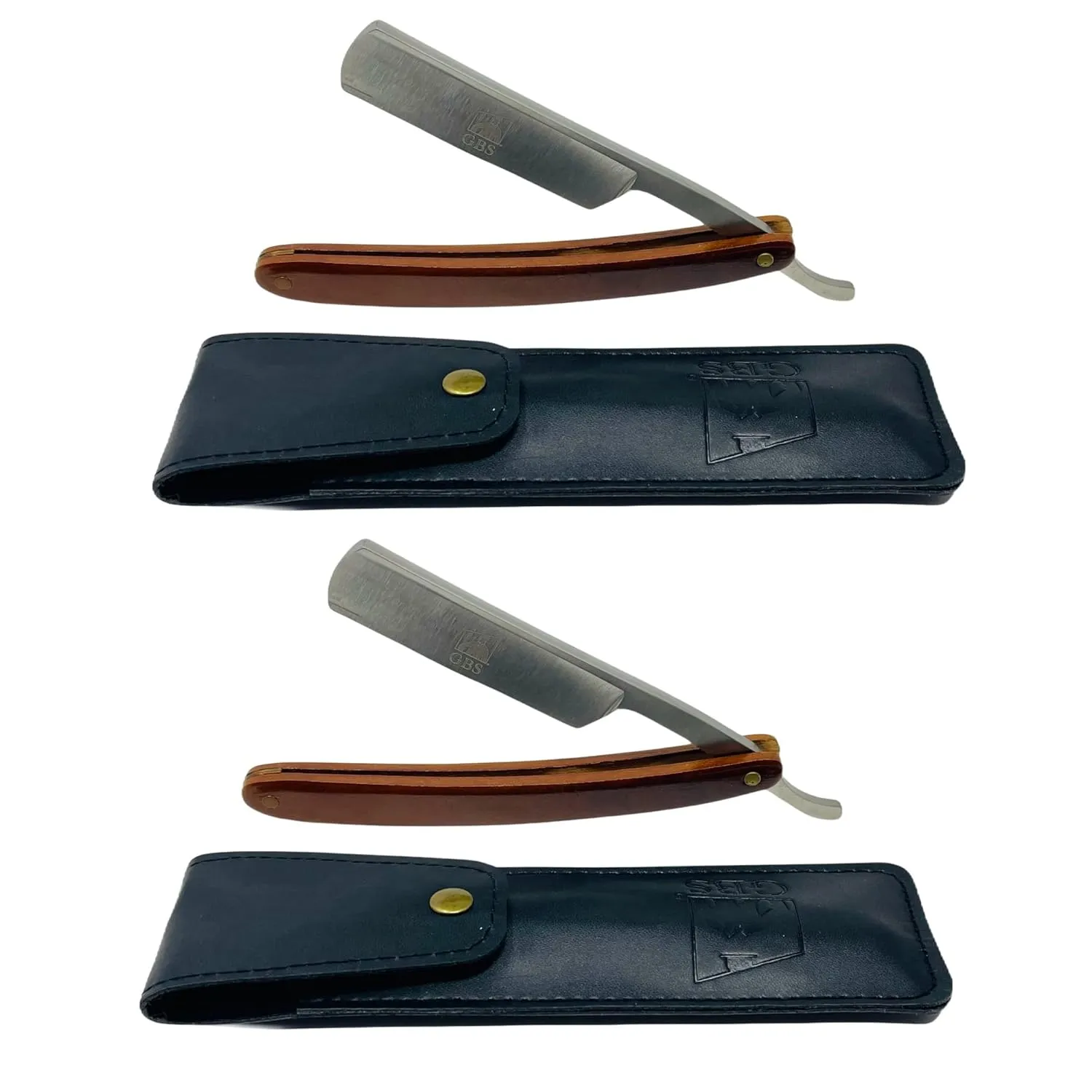 G.B.S Men's Wooden Handle Shaving Straight Razor, Single Edge Stainless-steel Blade Folding Handle, Hard Wood Grain, Leather Protective Razor Case (Pack of 2)