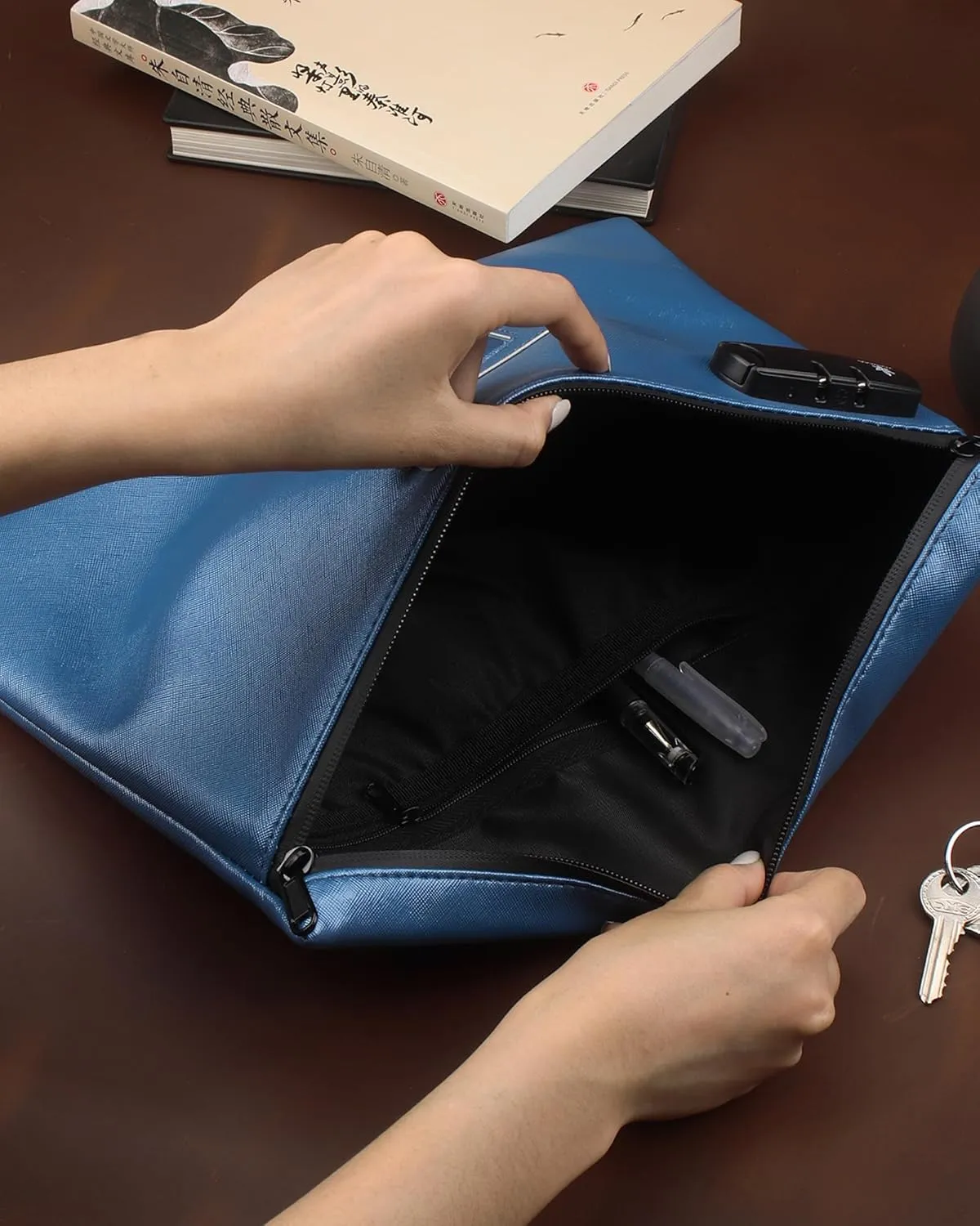 GEEDUD Heavy Duty Notary Bag with Lock, 13.6 x 10 Inches, Zipper Storage Bag for All Notary Supplies and Valuables (Blue)