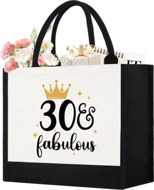 GevGuxLuo 30th Birthday Gifts for Women Canvas Tote Bag, 30 Years Old Birthday Gifts for Mom Wife Aunt Friends Her,Turning 30 Beach Bag Reusable Grocery Bag 30 fabulous Women Tote Bag