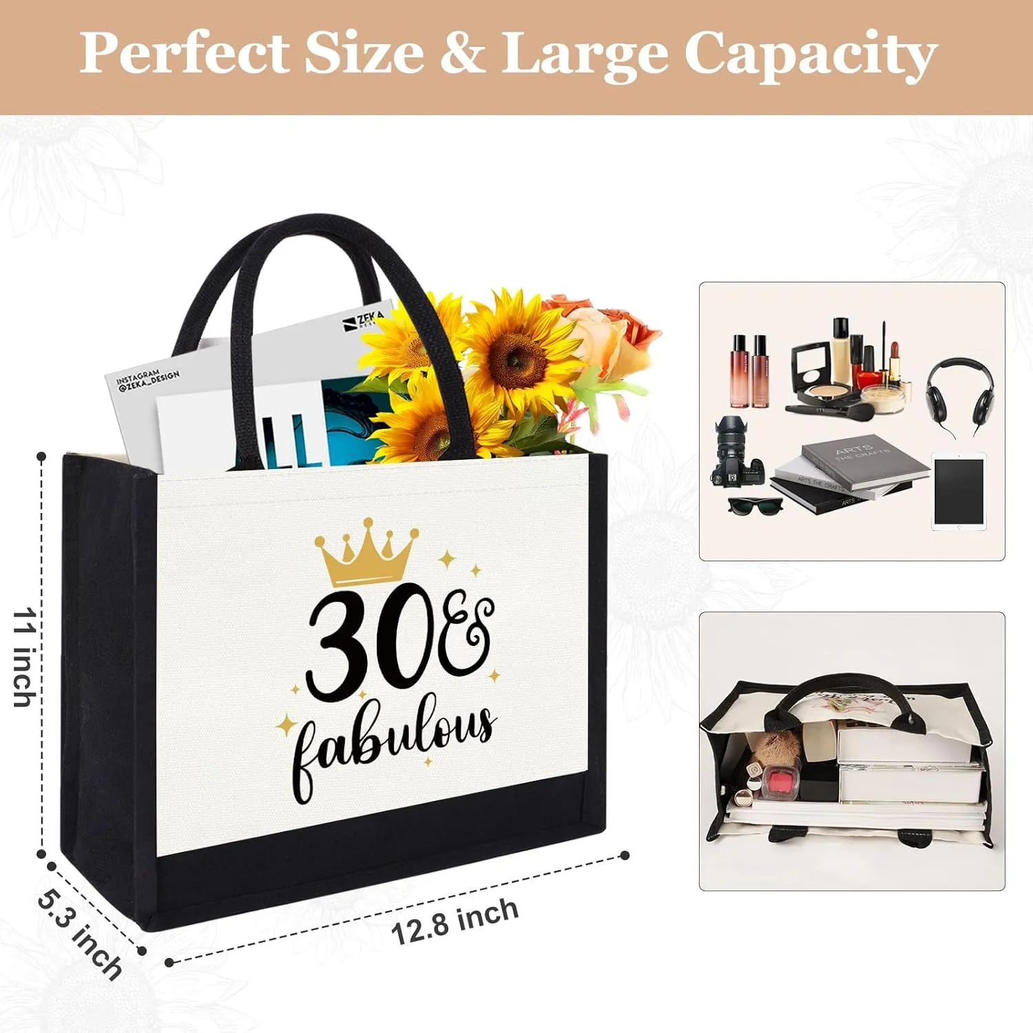 GevGuxLuo 30th Birthday Gifts for Women Canvas Tote Bag, 30 Years Old Birthday Gifts for Mom Wife Aunt Friends Her,Turning 30 Beach Bag Reusable Grocery Bag 30 fabulous Women Tote Bag