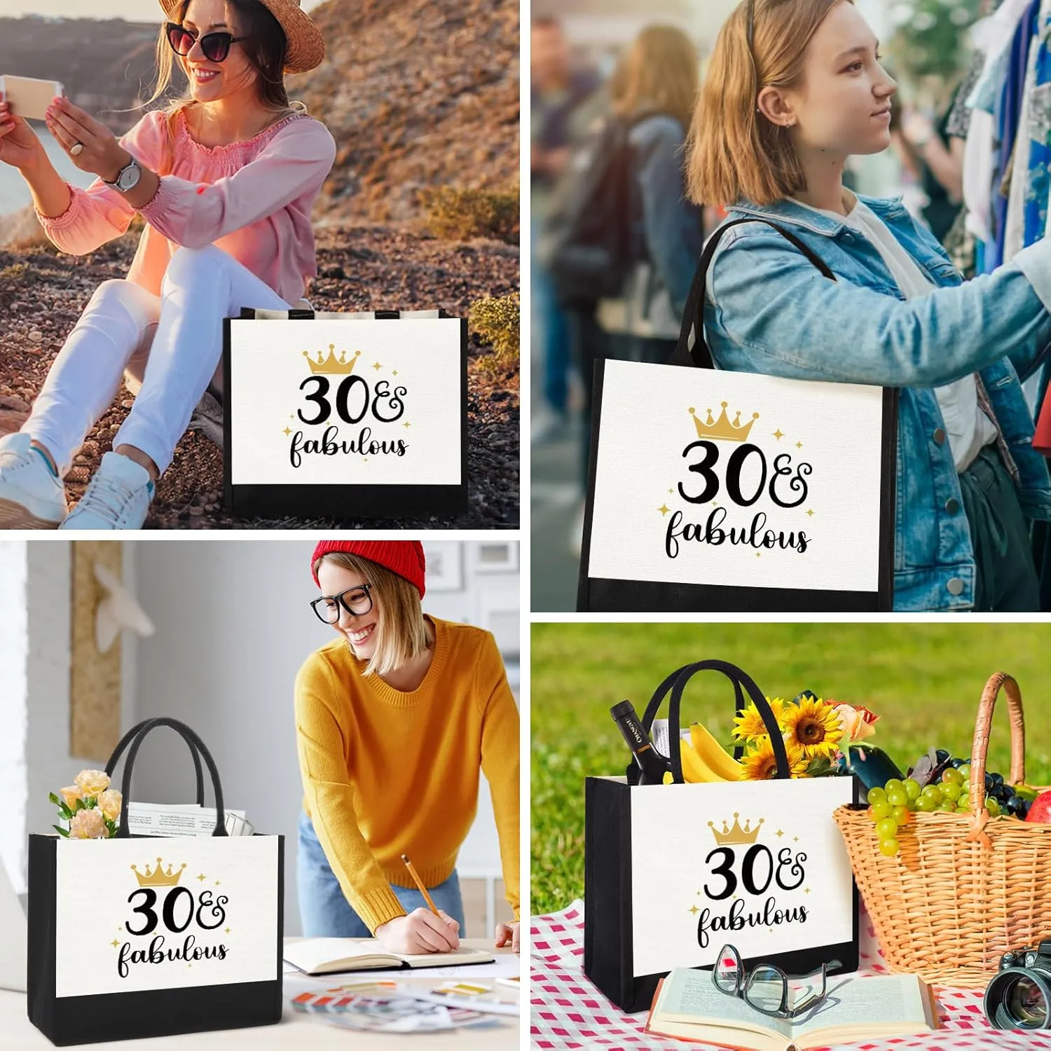 GevGuxLuo 30th Birthday Gifts for Women Canvas Tote Bag, 30 Years Old Birthday Gifts for Mom Wife Aunt Friends Her,Turning 30 Beach Bag Reusable Grocery Bag 30 fabulous Women Tote Bag