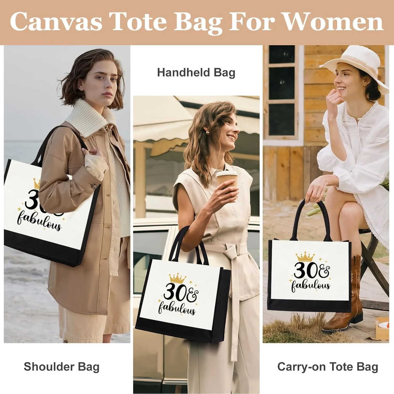 GevGuxLuo 30th Birthday Gifts for Women Canvas Tote Bag, 30 Years Old Birthday Gifts for Mom Wife Aunt Friends Her,Turning 30 Beach Bag Reusable Grocery Bag 30 fabulous Women Tote Bag