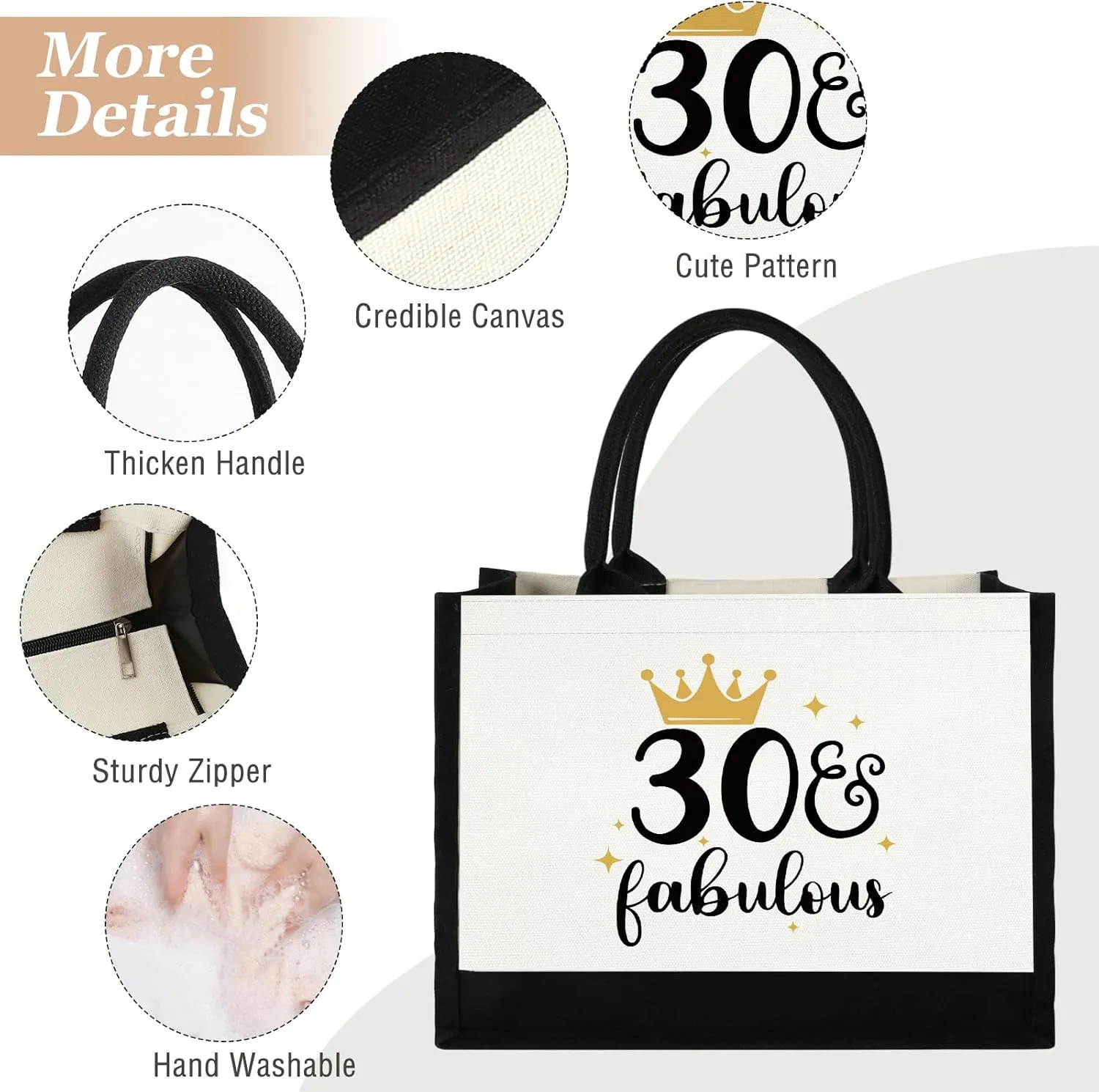 GevGuxLuo 30th Birthday Gifts for Women Canvas Tote Bag, 30 Years Old Birthday Gifts for Mom Wife Aunt Friends Her,Turning 30 Beach Bag Reusable Grocery Bag 30 fabulous Women Tote Bag