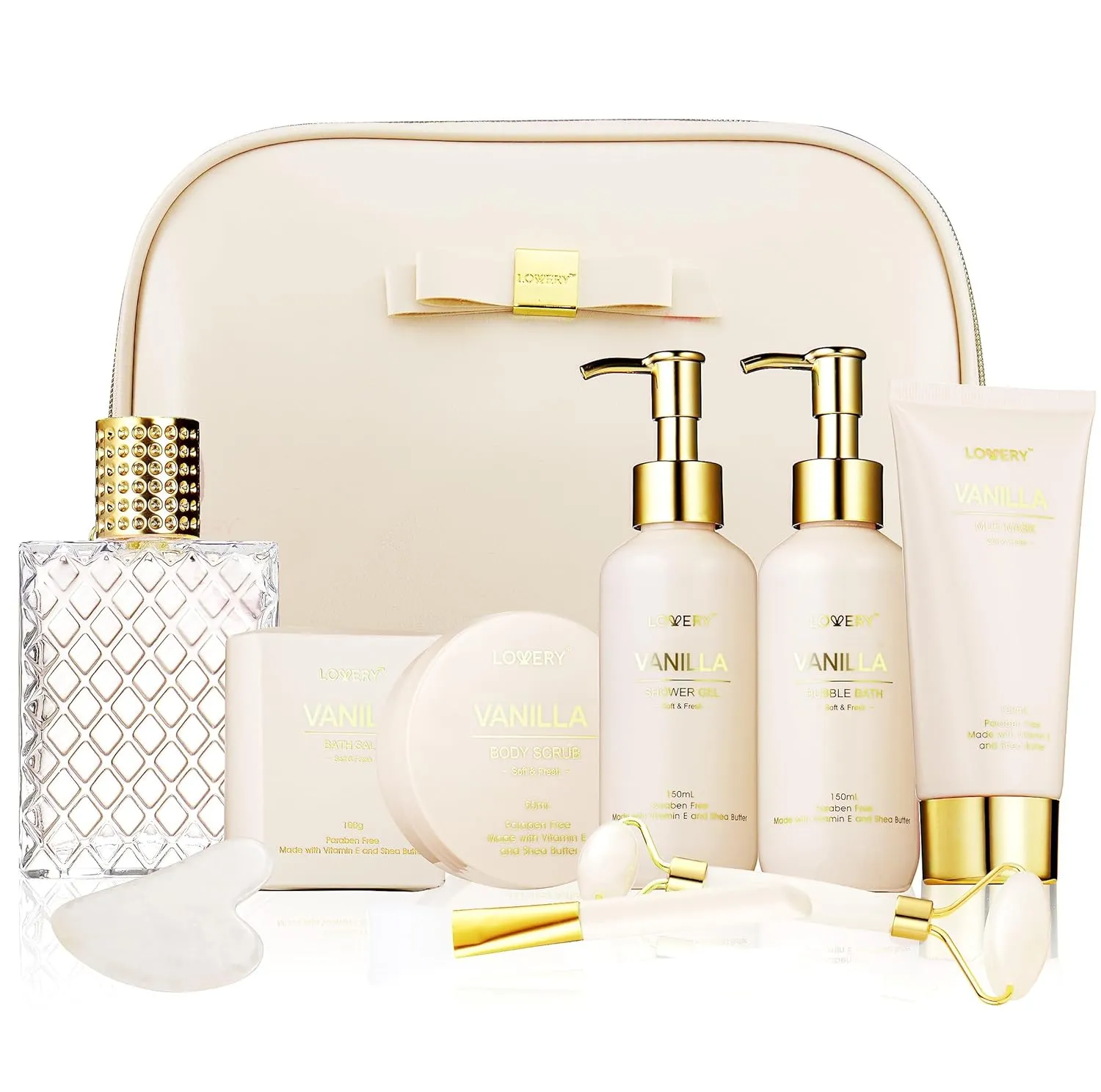 Gifts for Women, Vanilla Spa Gift Basket for Women - Self Care Kit Bath Set with Shower Gel, Bubble Bath, Perfume, Gua Sha, Jade Roller - Birthday Gift Set, Mom, Mother's Day