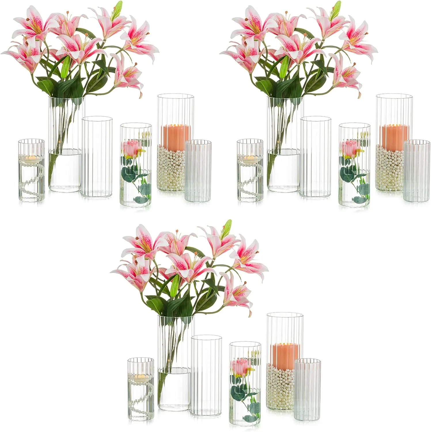 Glass Cylinder Vases for Centerpieces - Set of 18 Tall Clear Vase, Glass Candle Holders for Pillar Candles, Hurricane Candle Holder, Floating Candle Vases for Wedding, Home Decor, 6, 7.8, 10''