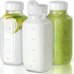 Glass Juice Bottles with Lids, 3 Pack Clear Glass Water Bottles w Pour Spout, 16 Oz Reusable Glass Milk Jug w 100% Airtight Cap and Scale for Juicing Containers, Breast Milk Storage, Drinking Jar