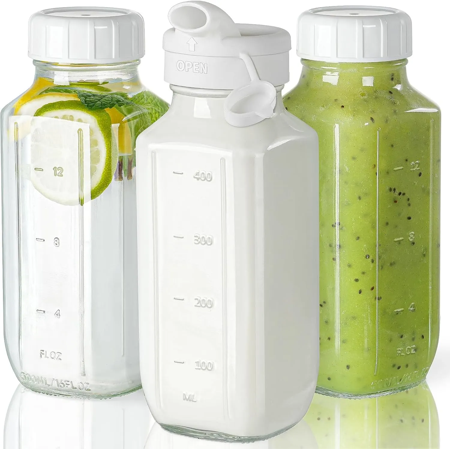 Glass Juice Bottles with Lids, 3 Pack Clear Glass Water Bottles w Pour Spout, 16 Oz Reusable Glass Milk Jug w 100% Airtight Cap and Scale for Juicing Containers, Breast Milk Storage, Drinking Jar