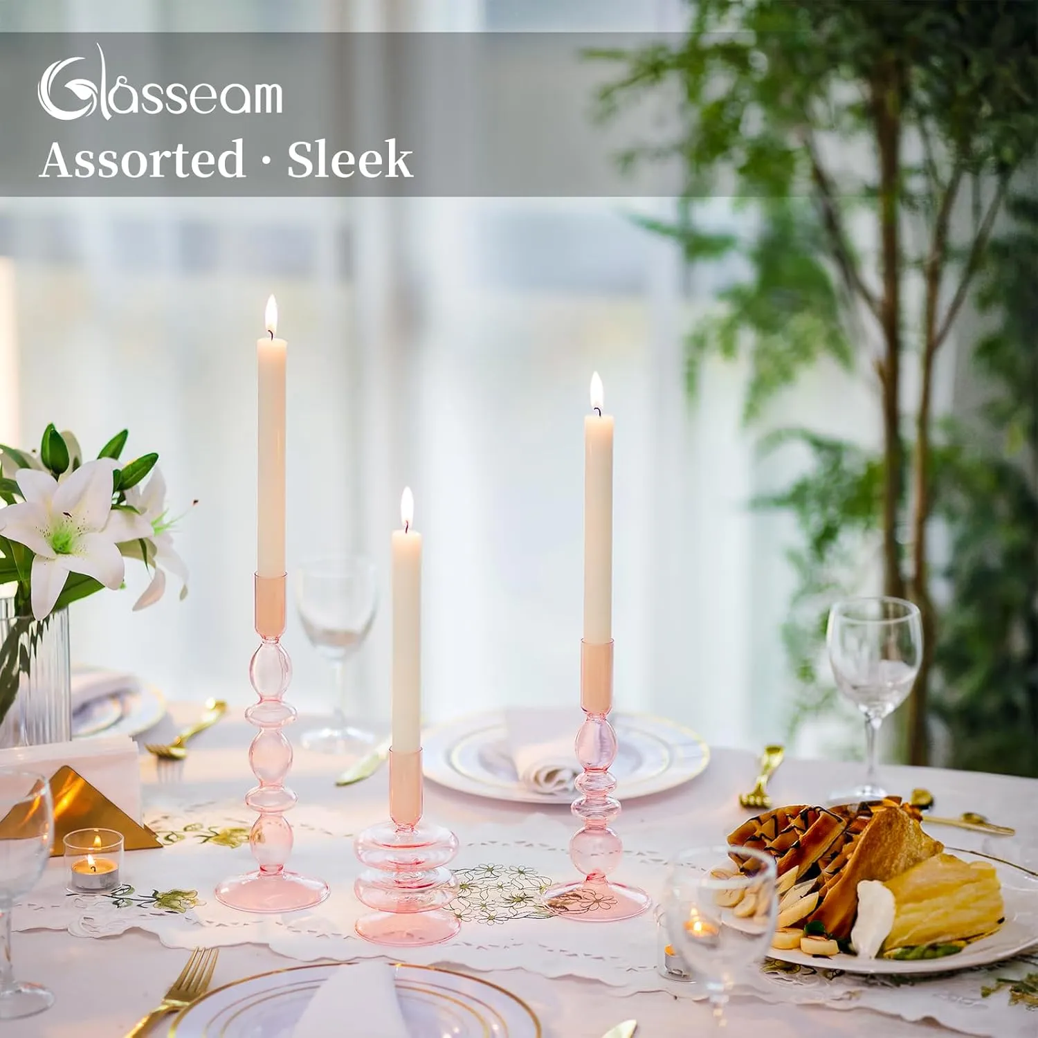 Glasseam Glass Pink Candle Holder: Unique Candle Holders Set of 3, Modern Taper candles for candle holders, Decorative Candle Holders for Table Centerpiece Wedding Party Christmas Home Decoration
