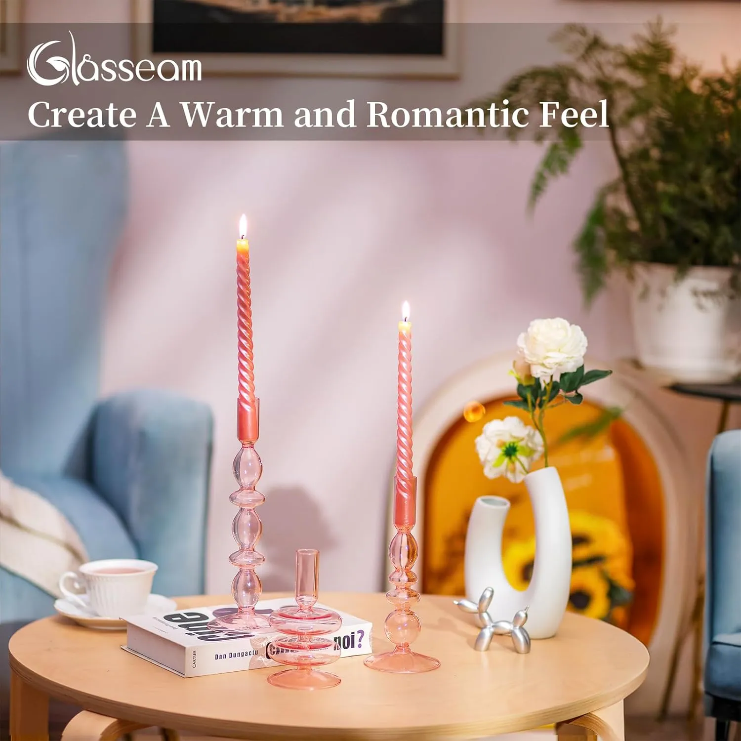 Glasseam Glass Pink Candle Holder: Unique Candle Holders Set of 3, Modern Taper candles for candle holders, Decorative Candle Holders for Table Centerpiece Wedding Party Christmas Home Decoration