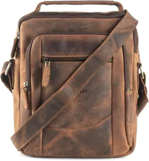 Goatter Mens Hunter Leather 11" Inch Dual Handle Messenger Bag