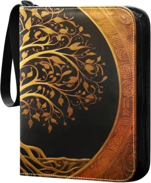 Gold Tree Card Binder 4 Pocket Collectible Trading Card Albums with 50 Sleeves Double Side PU Waterproof 3 Ring for Sports & Game Cards