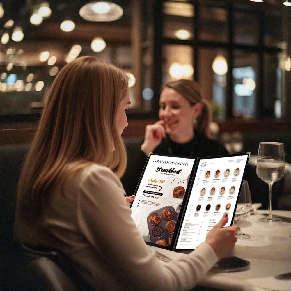 Goodsmart Restaurant Menu Covers – 25 Pack Black 4-View 8.5" x 14", Side-Loading Vinyl & Plastic Menu Holders, Clear Menu Sleeves, Leather-Style Café Covers with Gold Corners