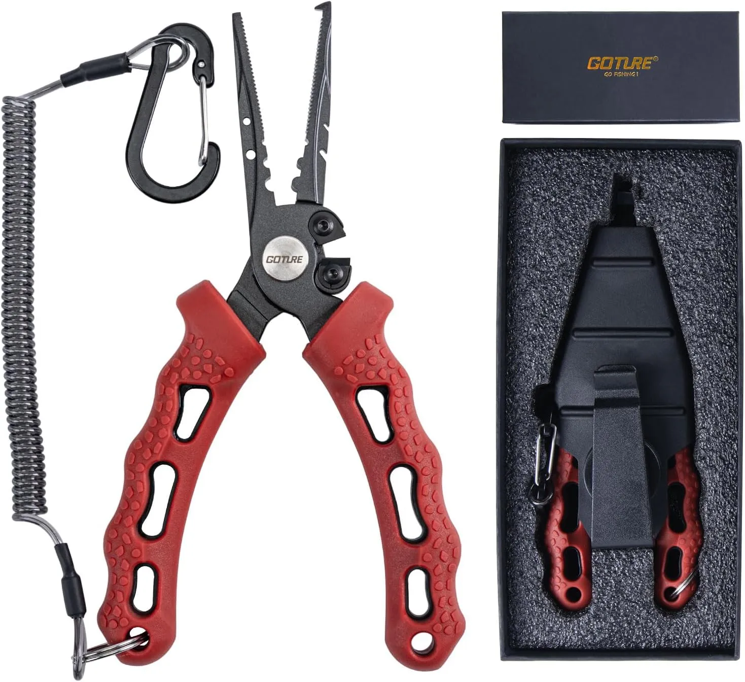 Goture Fishing Pliers, Saltwater Line Cutter with Split Ring Pliers, Fishing Hook Remover, Corrosion Resistant Fishing Needle Nose Pliers with Sheath Lanyard, Fishing Gear Gifts for Men