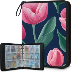 Graceful Tulips 3 Ring Trading Zipper Binder Strap, Trading Card Binder 4 Pocket, 400 Pockets Card Holder with 50 Removable Sleeves for Game Cards