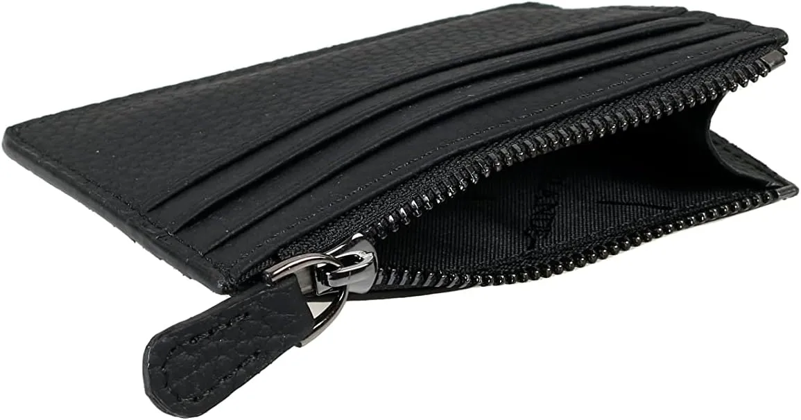grande 3603 Genuine Leather Card Holder For Women and Men Slim Minimalist Small Zipper Wallet (BLACK)