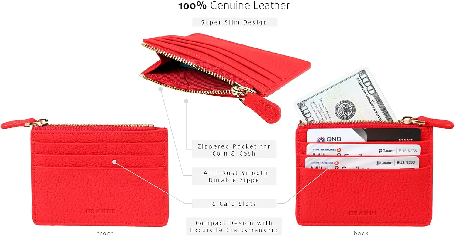 grande 3603 Genuine Leather Card Holder For Women and Men Slim Minimalist Small Zipper Wallet (BLACK)