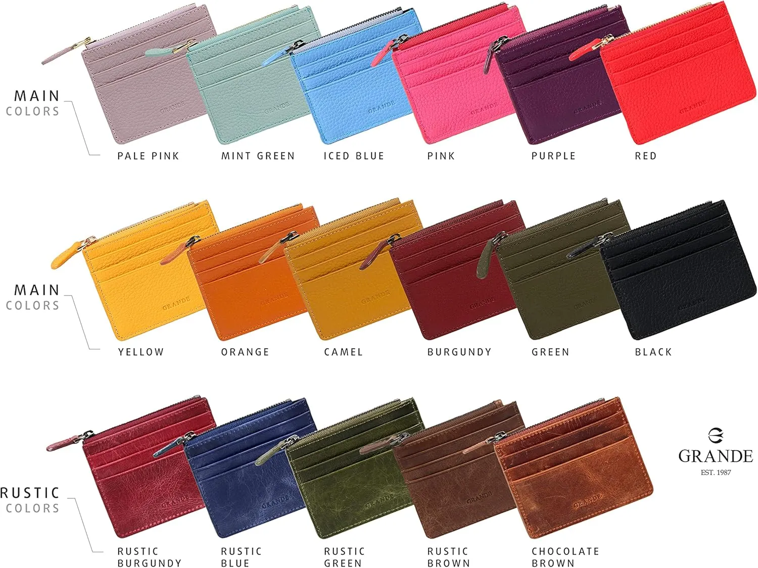 grande 3603 Genuine Leather Card Holder For Women and Men Slim Minimalist Small Zipper Wallet (BLACK)