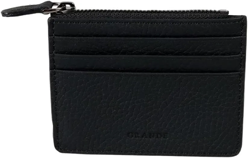 grande 3603 Genuine Leather Card Holder For Women and Men Slim Minimalist Small Zipper Wallet (BLACK)