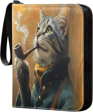 Gray and White Cat Oil Painting Cards Binder 4 Pocket Fits 400 Cards with 50 Removable Sleevesves, Trading Card Collector Zipper Album Holder Portable Card Games Display Storage Cases