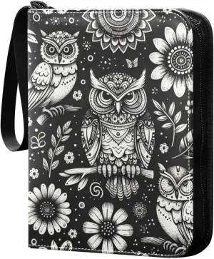 Gray Owls and Flowers Card Binder 4 Pocket Trading Card Album Fits 400 Sports/Game Cards, PU Cover 3 Ring Card Collection with 50 Removable Sleeves