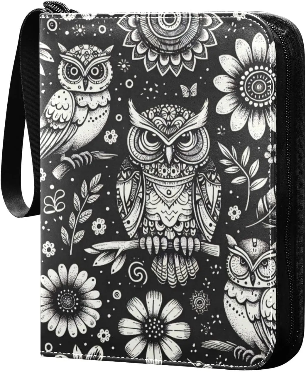 Gray Owls and Flowers Card Binder 4 Pocket Trading Card Album Fits 400 Sports/Game Cards, PU Cover 3 Ring Card Collection with 50 Removable Sleeves