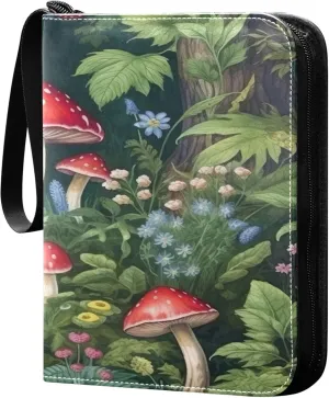 Green Mushroom Flower Card Binder 4 Pocket Collectible Trading Card Albums with 50 Sleeves Double Side PU Waterproof 3 Ring for Sports & Game Cards