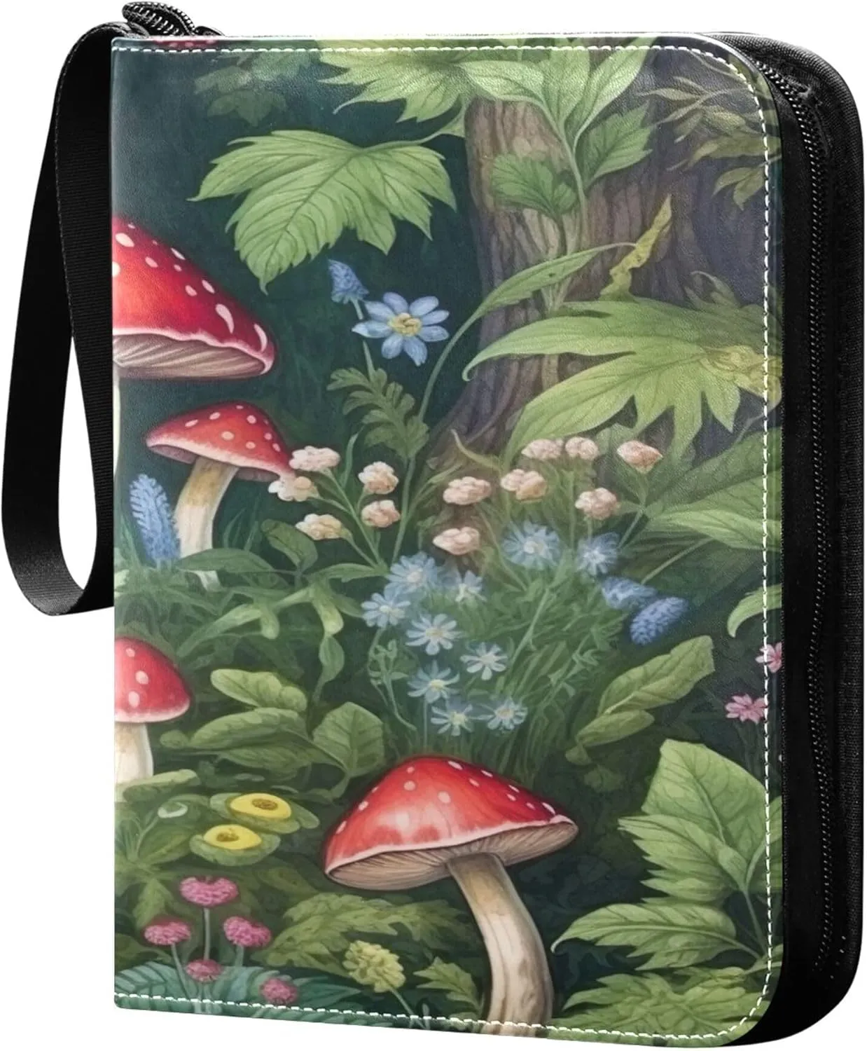 Green Mushroom Flower Card Binder 4 Pocket Collectible Trading Card Albums with 50 Sleeves Double Side PU Waterproof 3 Ring for Sports & Game Cards